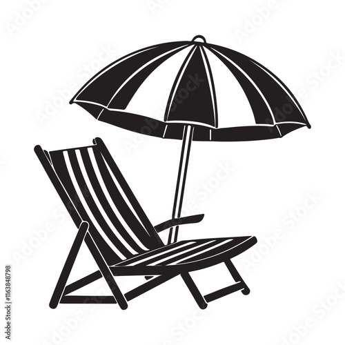 Beach Chair and umbrella silhouette, black and white silhouette, vector and illustration