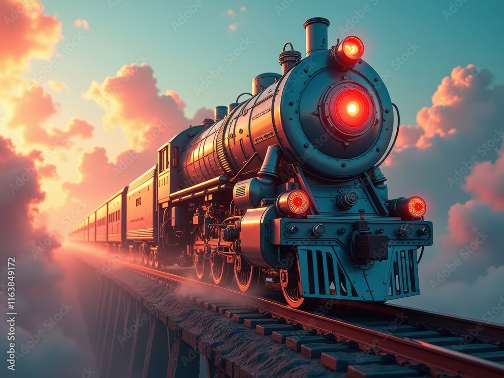Obraz premium Futuristic train travels through surreal landscape under vibrant skies at sunset