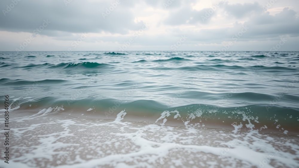 Overcast Beach Waves, Calming Seascape, Gentle Flow Overcast Beach Waves, Calming Seascape, Gentle Flow