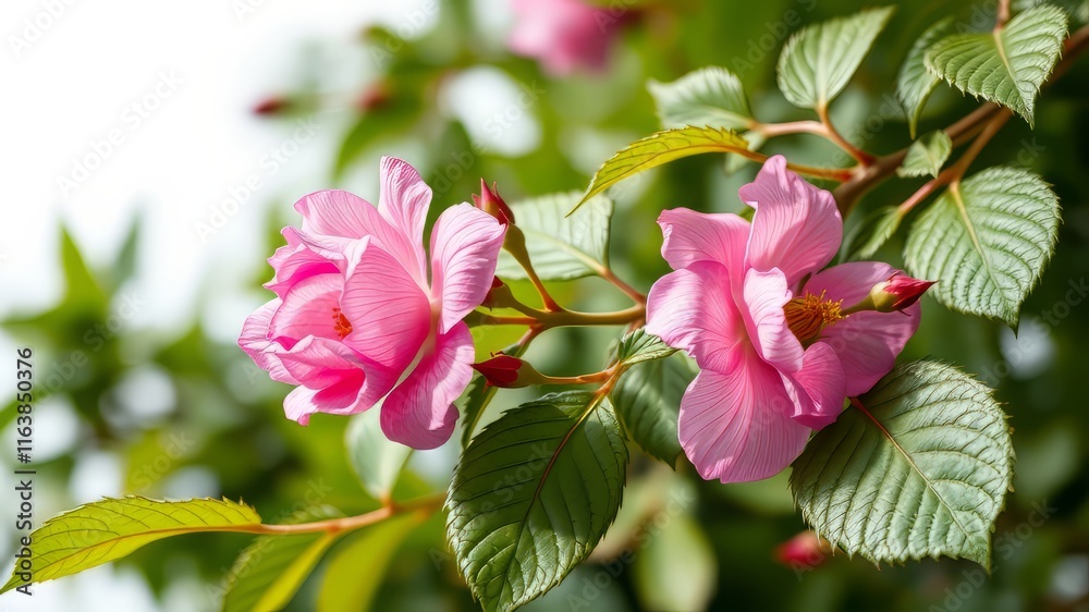 Obraz premium Pink Rosa Rugosa Wild Rose Branch, Wrinkled Leaves, Isolated PNG, Bright Photo