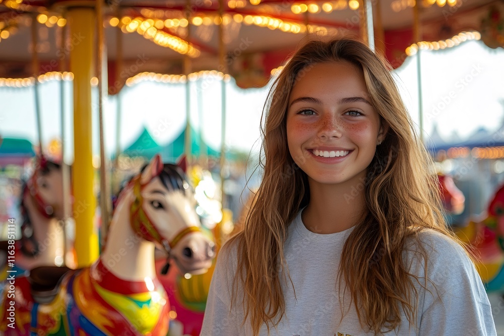Fototapeta premium Happy teenage girl smiling at carousel in amusement park