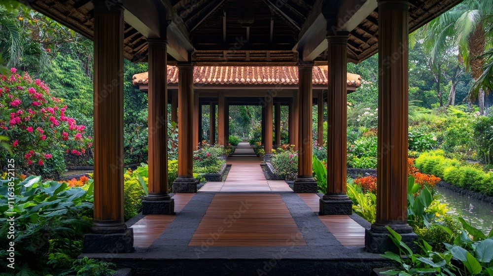 Wooden walkway with columns leading through a beautiful asian garden Wooden walkway with columns leading through a beautiful asian garden