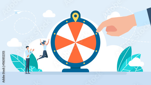 Lottery online casino fortune wheel in  circle with red and white stripes. Life depend on luck. Investment winning or gambling concept. Spinning bright roulette. Vector illustration
