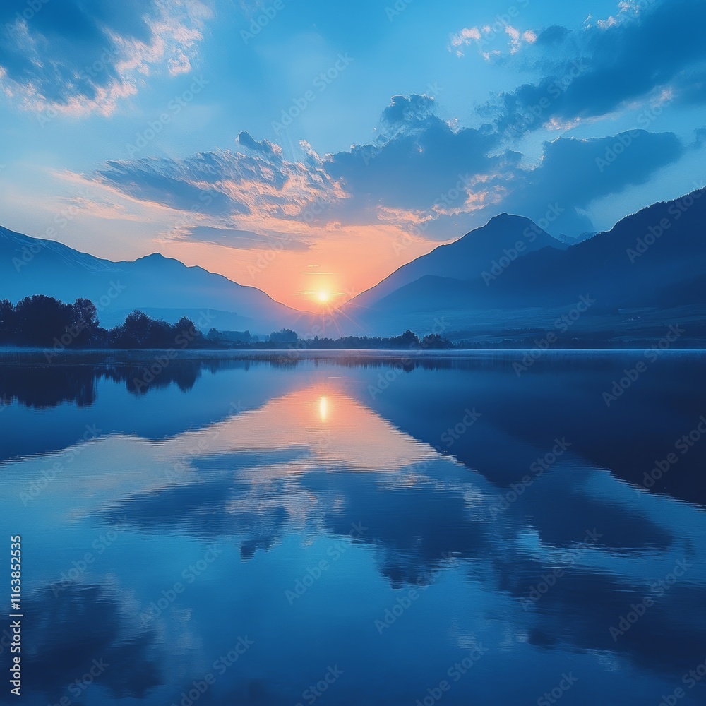 Stunning Sunset Over Tranquil Lake Reflecting Mountains and Colorful Sky in the Evening Hours Stunning Sunset Over Tranquil Lake Reflecting Mountains and Colorful Sky in the Evening Hours