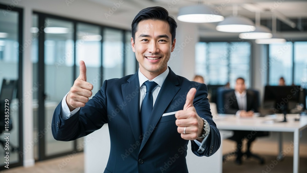 A confident businessman in a suit smiles, thumbs up, standing confidently in his office A confident businessman in a suit smiles, thumbs up, standing confidently in his office