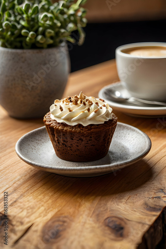 close-up photo of a steaming cup of cappuccino in a white ceramic mug, accompanied by a piece of chocolate cake on a small white plate
