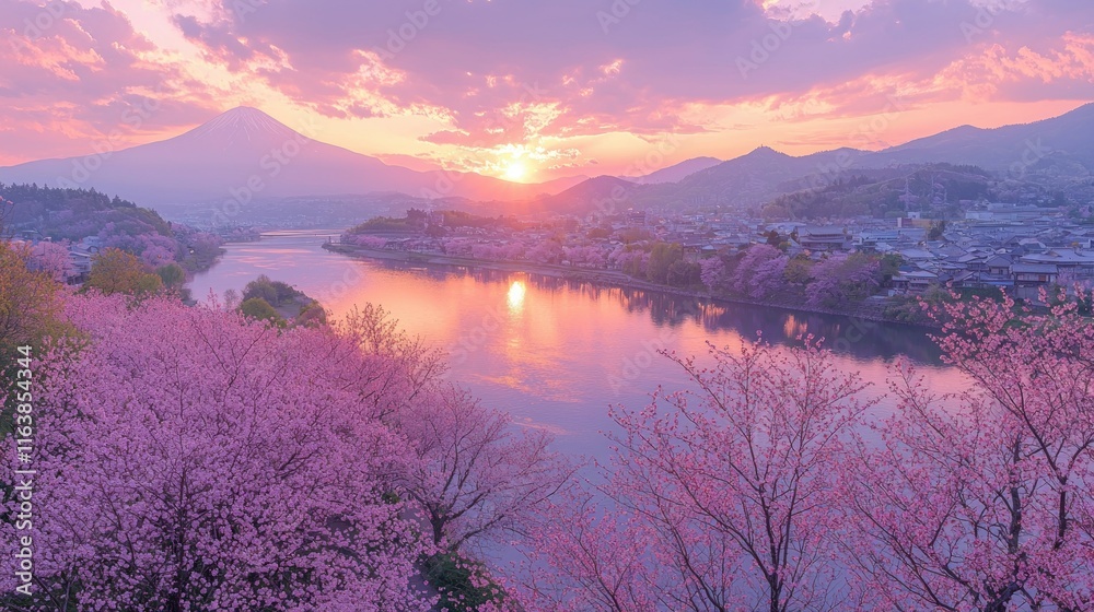 Obraz premium Serene sunset over cherry blossoms and mountains.