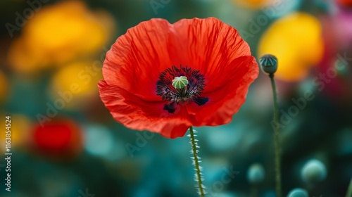 Vibrant Red Poppy Flower Amidst Colorful Blossoms in a Lush Garden Landscape