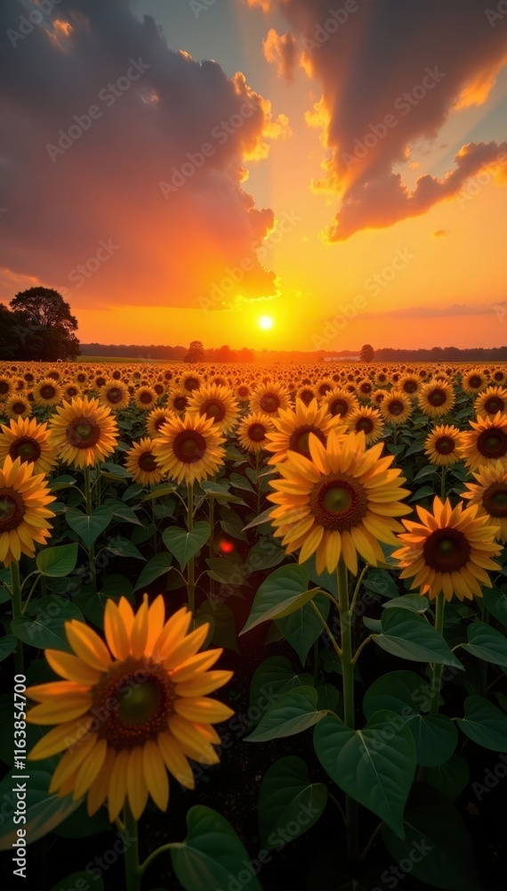 Fototapeta premium Sun dips below horizon, casting long shadows across a sea of sunflowers Intense color palette , shadows, bloom