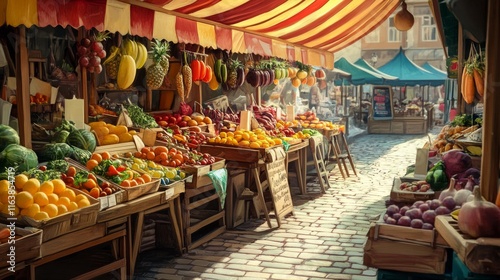 Food market stalls with fruits, vegetables, cheese, meat and fish on counter and in crates. Vector cartoon landscape with traditional marketplace tents with farm produce, wooden kiosks with canopy photo