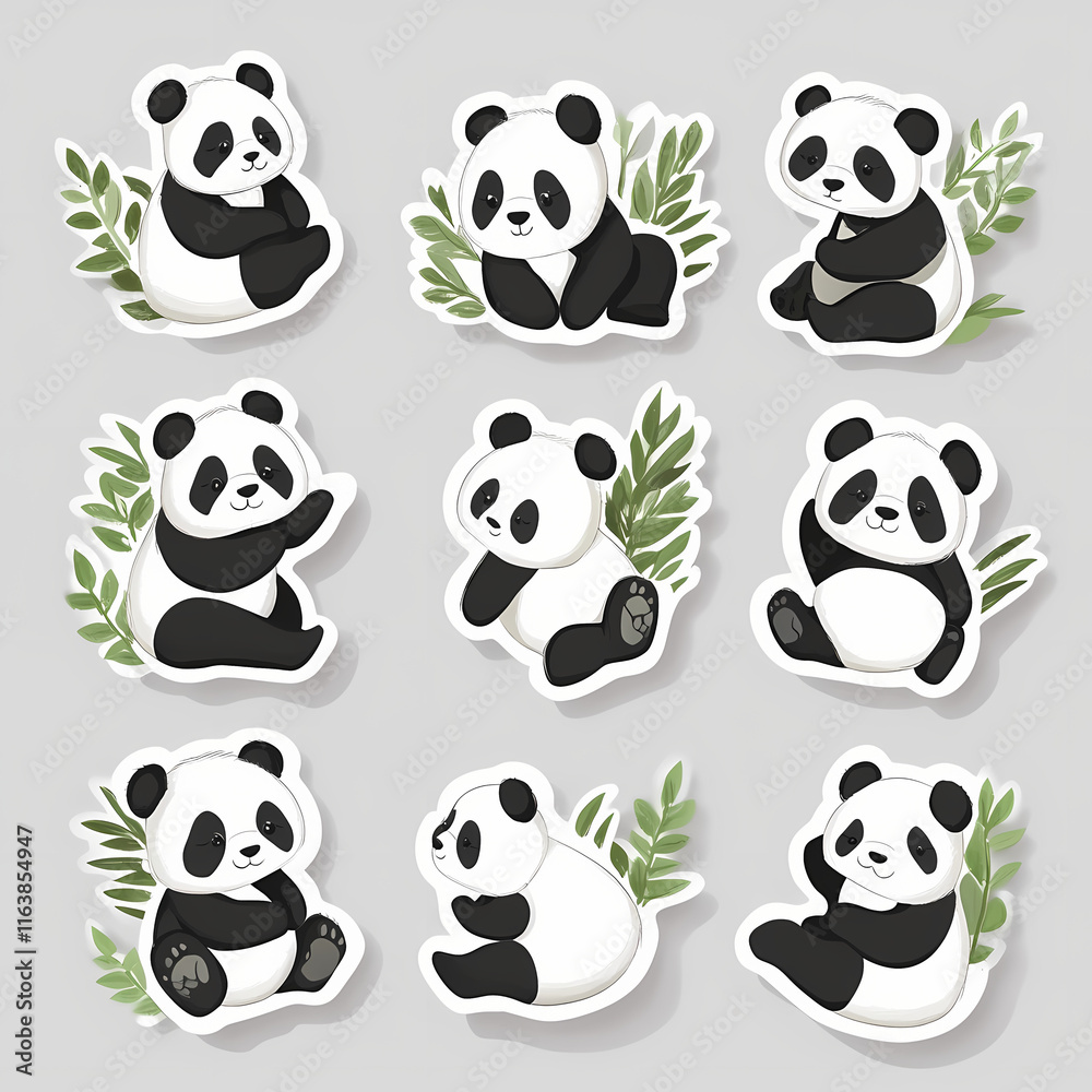 Fototapeta premium Cute panda stickers featuring playful poses and bamboo leaves on a light background. Generative AI