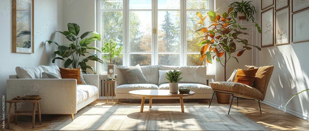 Fototapeta premium Scandinavian Living Room with White Furniture and Spring View – Photorealistic Design with Soft Pastel Colors