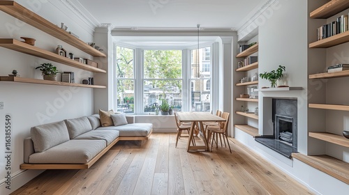 Minimalist Scandinavian living room with natural wood flooring, built-in shelves, a soft sofa by a clean-lined fireplace, and a simple dining table set photo