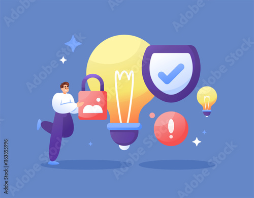 copyright protection concept. policies and provisions that protect art or content from plagiarism. preventing theft of ideas. illustration of a man with a lamp and shield. flat style design. elements