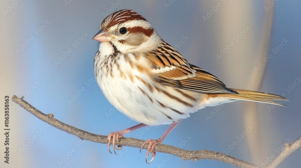 Fototapeta premium Small brown and white bird perched on a twig against a blurred background.