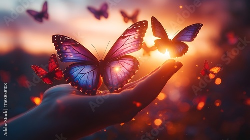 a serene image of human hands releasing a group of vibrant butterflies against a glowing sunset. butterflies and sunset