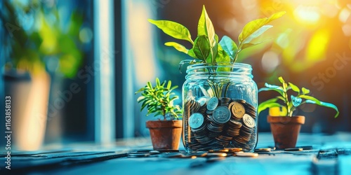 Clear Glass Jar Filled with Coins Surrounded by Potted Plants on Earthy-Toned Background photo