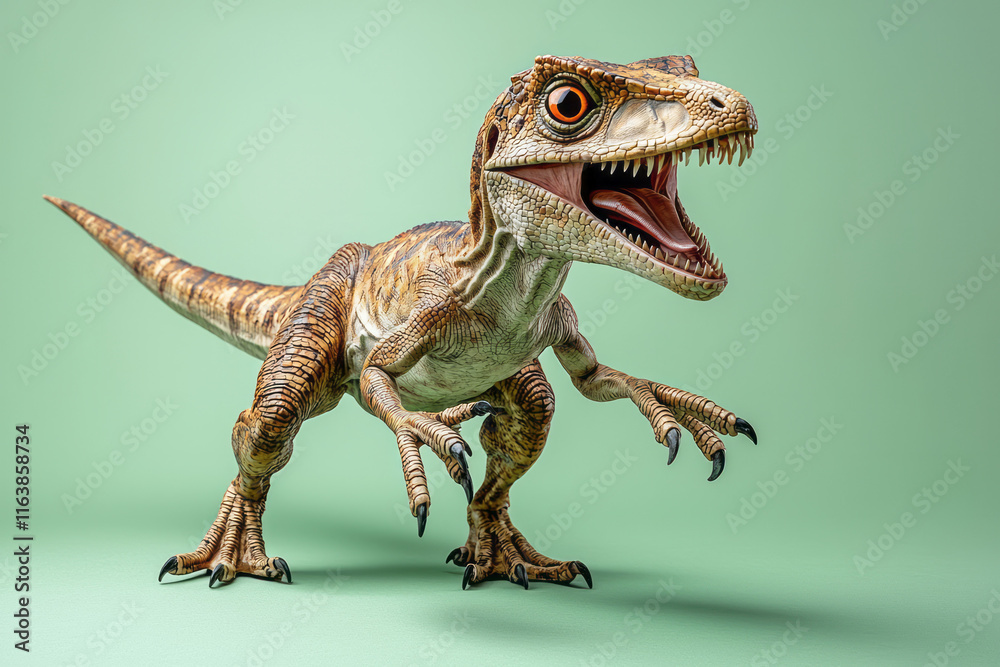 Obraz premium A playful velociraptor striking a dramatic pose with its claws extended,