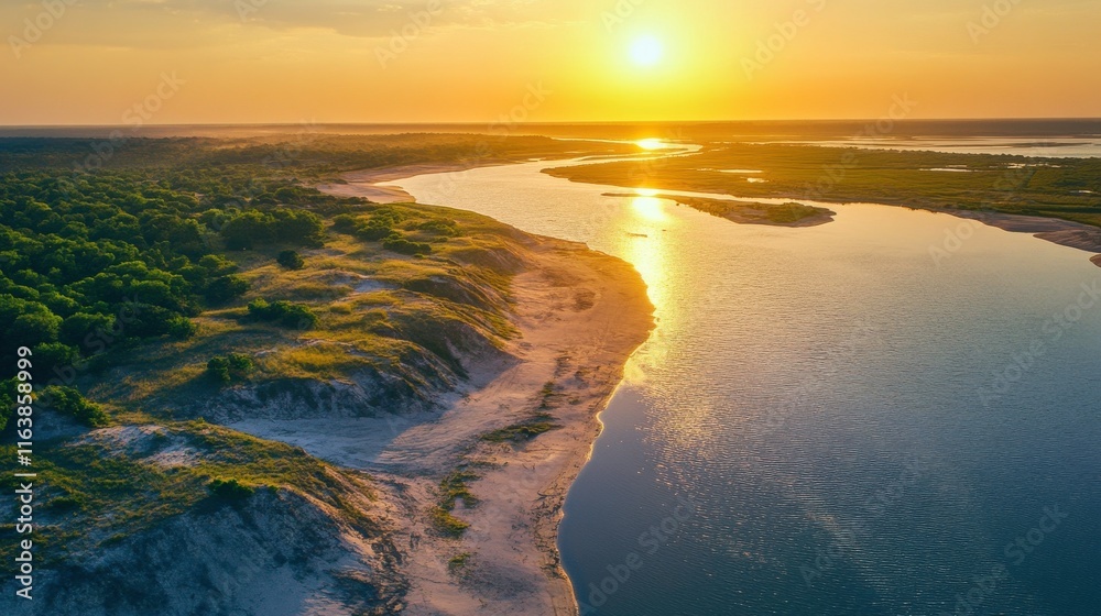 Aerial View of River Delta Under Bright Midday Sun Aerial View of River Delta Under Bright Midday Sun