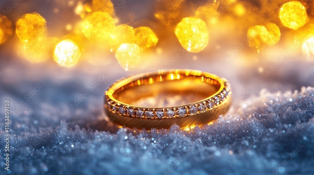 Elegant Gold Wedding Ring with Diamonds on Sparkling Snow Background Elegant Gold Wedding Ring with Diamonds on Sparkling Snow Background