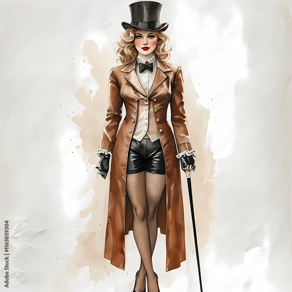 © PANDORA ILARE - bellissima donna bionda in frac e cappello a tubo del secolo passato, passeggia con un bastone, Beautiful blonde woman in tailcoat and tube hat from the past century, walks with a stick