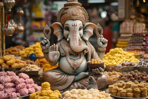 Ganesha statue blessing food offerings at indian market photo