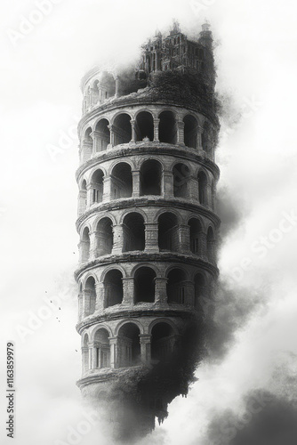 The Tower of Babel depicted as a spiral structure fading into the sky,