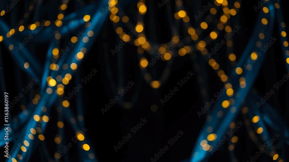 A luxurious abstract background of glittering lights in a de-focused style, combining deep blue and gold tones over a black base. A luxurious abstract background of glittering lights in a de-focused style, combining deep blue and gold tones over a black base.