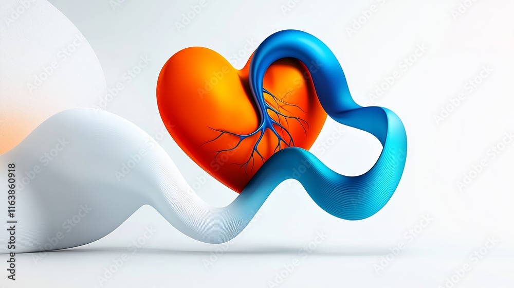 Abstract Heart Anatomy: A 3D Render of a Human Heart with Veins and Arteries, Surrounded by a Flowing Blue and White Abstract Shape. Abstract Heart Anatomy: A 3D Render of a Human Heart with Veins and Arteries, Surrounded by a Flowing Blue and White Abstract Shape.