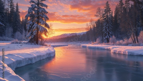 Stunning Winter Landscape Panorama with a Warm Golden Glow Casting Soft Light Over Snowy Mountains, Frosted Trees, and a Peaceful Winter Sky at Dusk