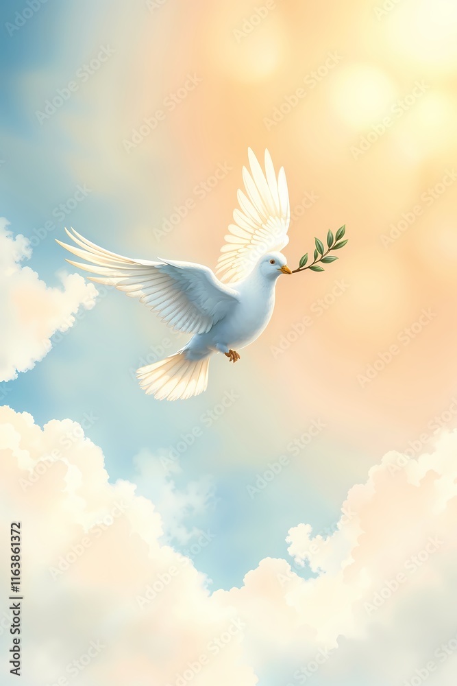 Fototapeta premium Peace dove. Graceful White Dove with Peaceful Expression Carrying Olive Branch Against Dreamy Pastel Sky