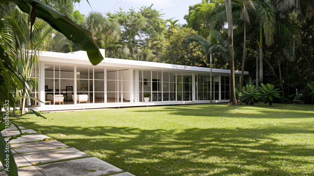 Naklejka premium Elegant Minimalist One-Story House with Lush Lawn and Large Windows, American Individual Architecture Style