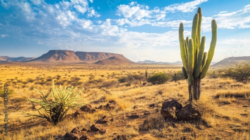 Desert of Africa natural background with tumbleweed rolling along hot dry deserted african nature landscape with yellow sand, green cacti, rocks under blue sky with light clouds cartoon illustration
