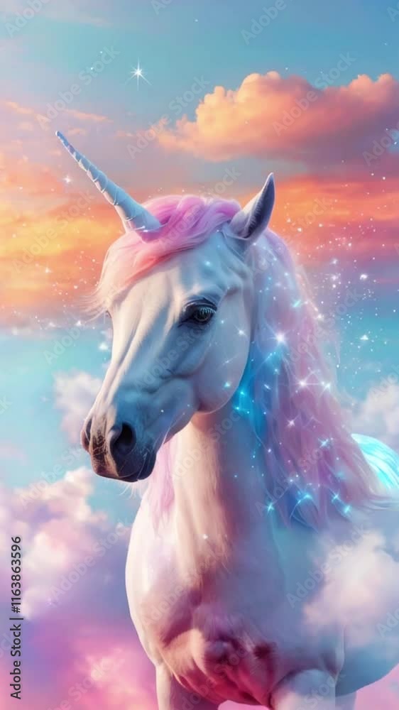 A majestic unicorn prancing on a holographic rainbow bridge above fluffy pastel-colored clouds, with shimmering stars in the background, 4k High-Quality Wallpaper Background Animation Video A majestic unicorn prancing on a holographic rainbow bridge above fluffy pastel-colored clouds, with shimmering stars in the background, 4k High-Quality Wallpaper Background Animation Video