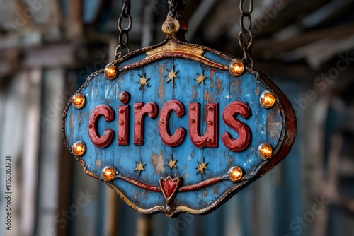 Vintage circus sign hanging with illuminated light bulbs