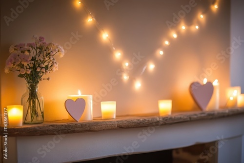A cozy setting with candles, fairy lights, and flowers for a warm ambiance.