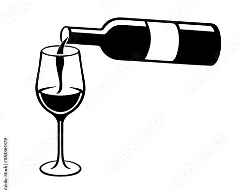 ワインボトルからグラスにワインを注ぐ瞬間のシルエットイラスト　透過背景の切り抜き