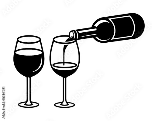 ワインボトルからグラスにワインを注ぐ瞬間のシルエットイラスト　透過背景の切り抜き
