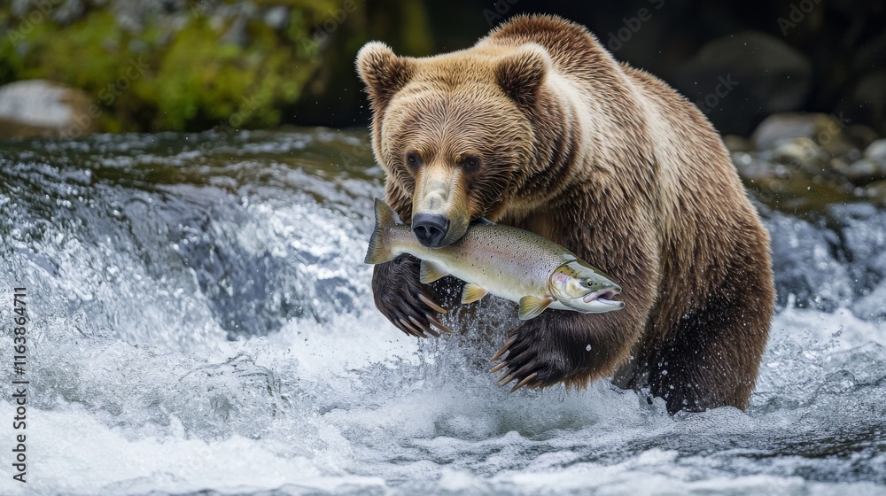 Obraz premium Wildlife reveals itself with a majestic bear standing in a flowing river, skillfully catching a fish. The water splashes around as the animal showcases its hunting prowess