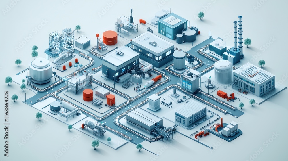 A 3D model of an industrial complex with various facilities and roads. A 3D model of an industrial complex with various facilities and roads.