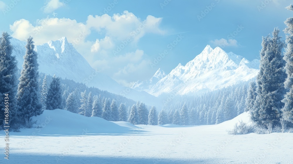 Fototapeta premium The snow scene is beautiful, the endless snowfield, the snow-capped peaks in the distance, and some heavy pine trees covered with frost in the near distance.