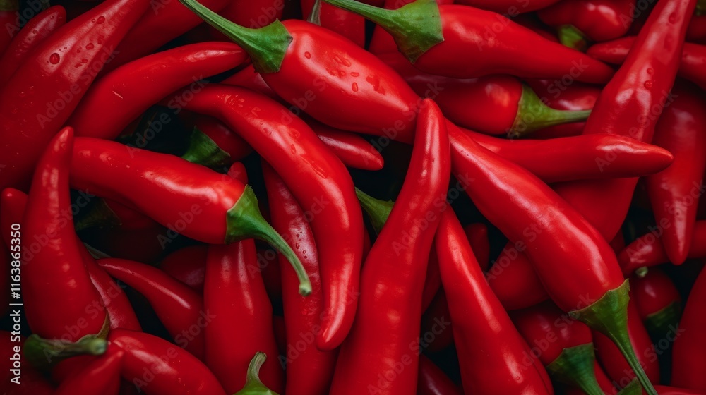 A close-up view reveals a heap of fresh red chili peppers, their glossy skin reflecting light. The peppers are arranged together, showcasing their vivid color and shape, perfect for culinary use A close-up view reveals a heap of fresh red chili peppers, their glossy skin reflecting light. The peppers are arranged together, showcasing their vivid color and shape, perfect for culinary use