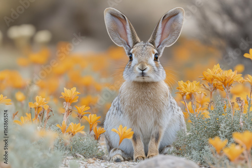 A jackrabbit sitting beside a patch of blooming desert lilies, photo