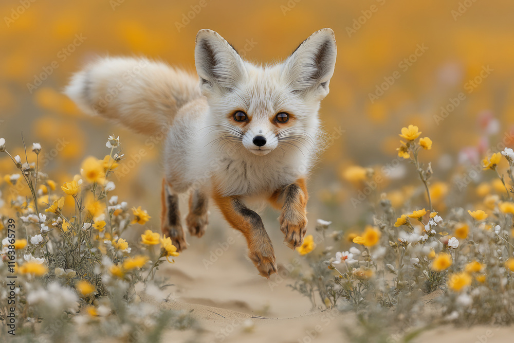 Fototapeta premium A playful fennec fox leaping through sparse vegetation dotted with wildflowers,