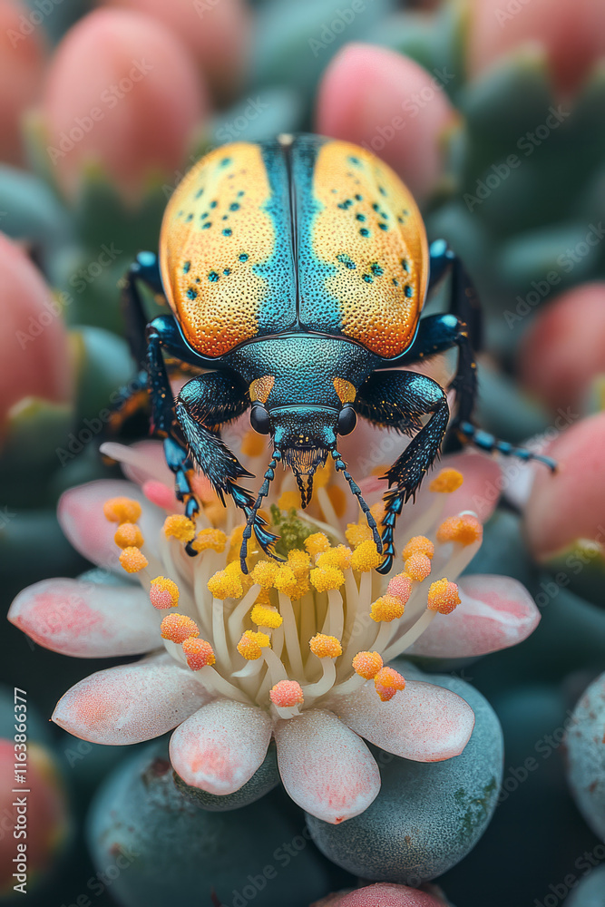 Fotografie A brightly colored beetle crawling over a small blooming succulent,