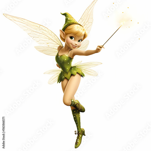 Tinkerbell spreads magic with her wand in a vibrant green outfit, showcasing her playful spirit. Generative AI photo