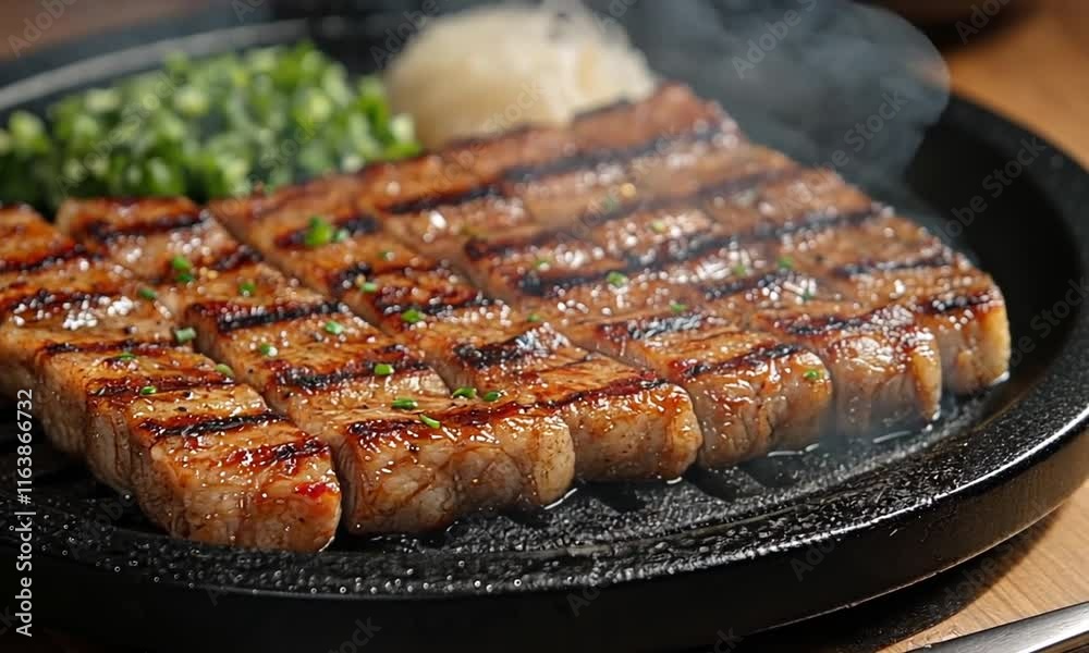 Grilled meat served on a sizzling plate with garnish and sides. Grilled meat served on a sizzling plate with garnish and sides.