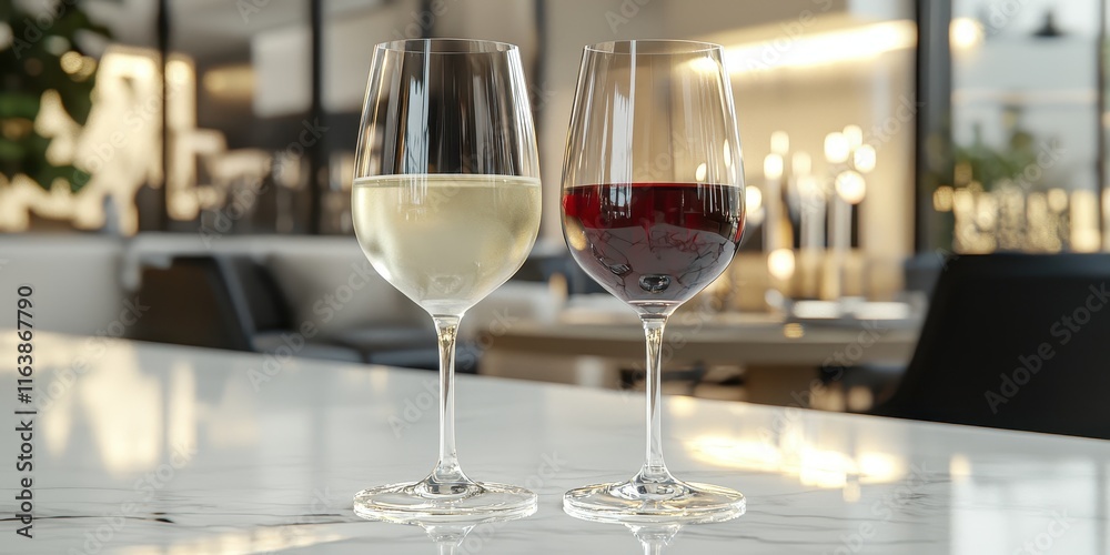 Elegant Wine Glasses with White and Red Wine on Marble Table in Chic Dining Area Elegant Wine Glasses with White and Red Wine on Marble Table in Chic Dining Area