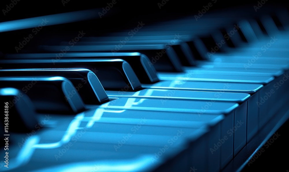 A close-up view of piano keys illuminated in blue light, emphasizing musical elegance. A close-up view of piano keys illuminated in blue light, emphasizing musical elegance.