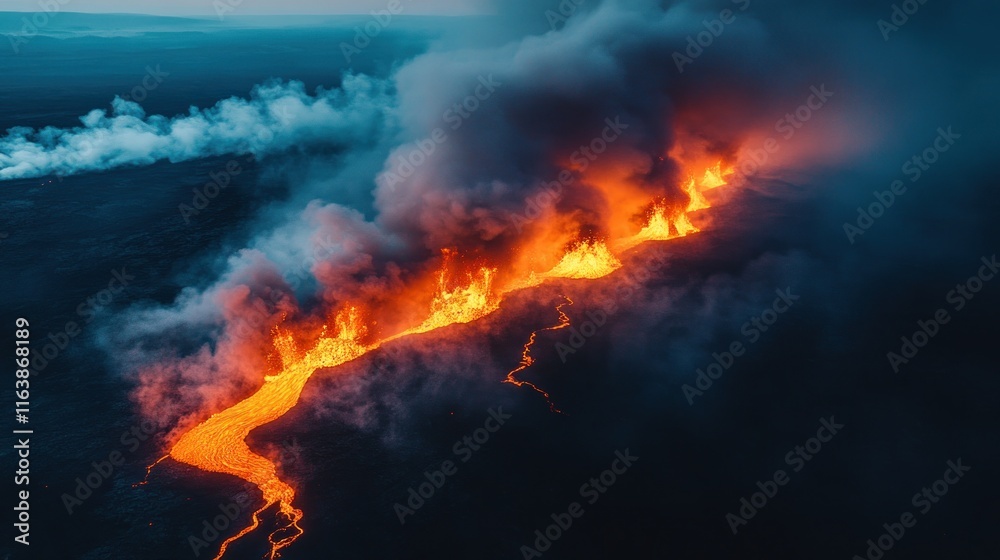 custom made wallpaper toronto digitalAerial view of fiery lava flow and smoke.
